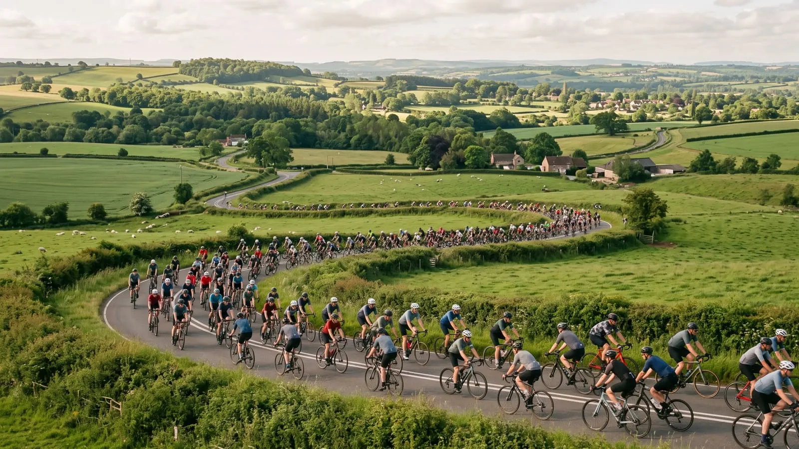 Group of cyclists riding through farmland in a gran fondo