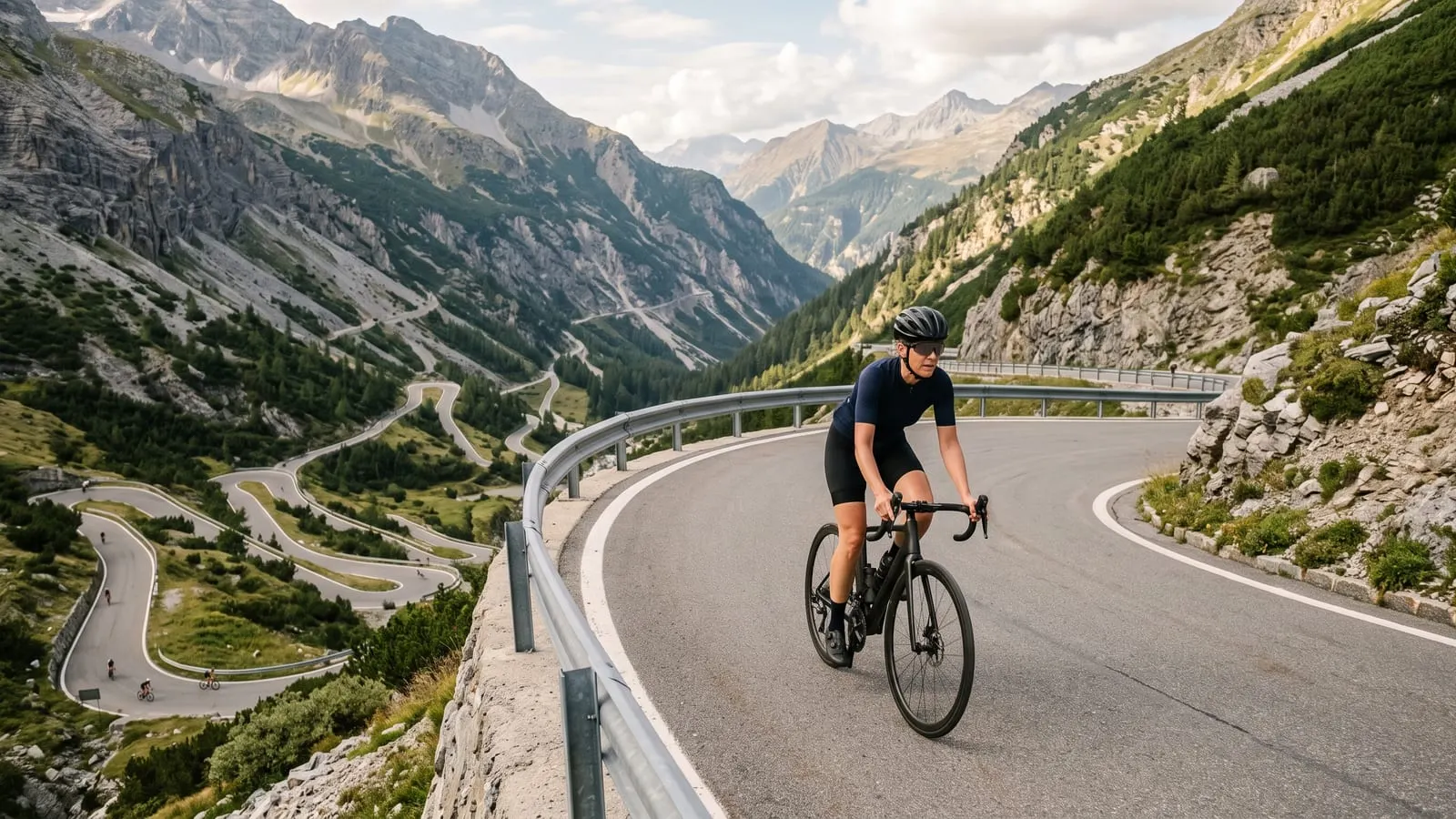 Cyclist climbing a hairpin alpine pass