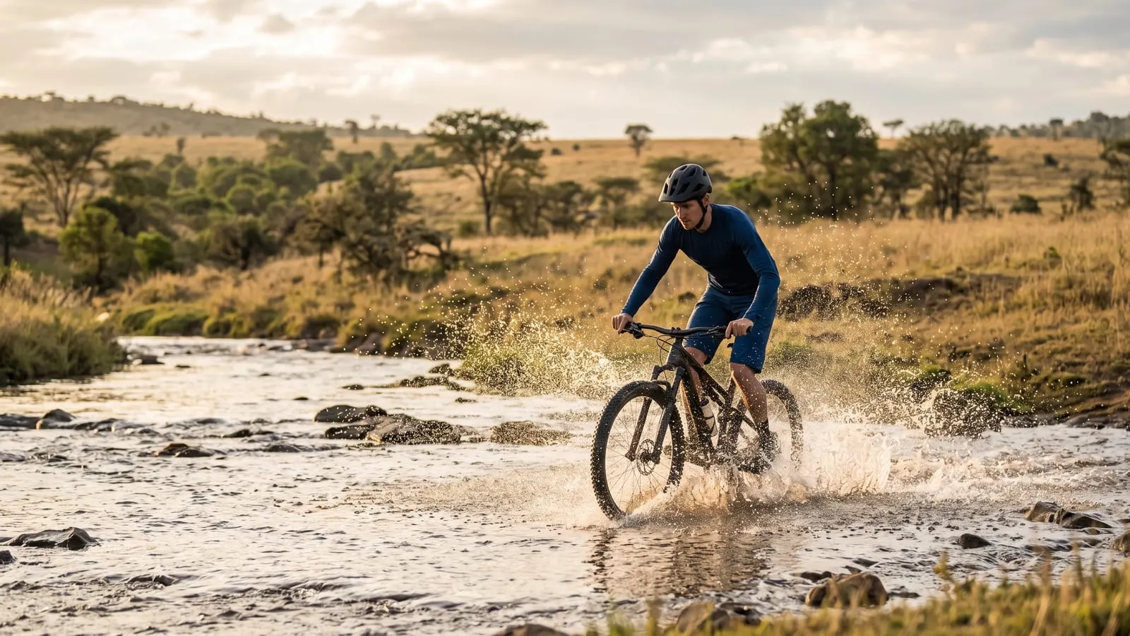 Mountain biker splashing through a river crossing