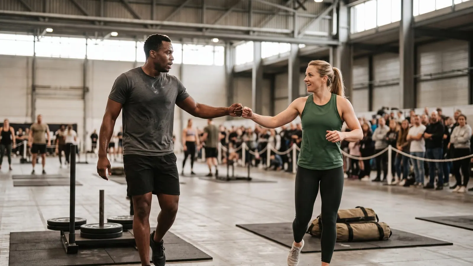 Doubles team tagging off at an indoor fitness race