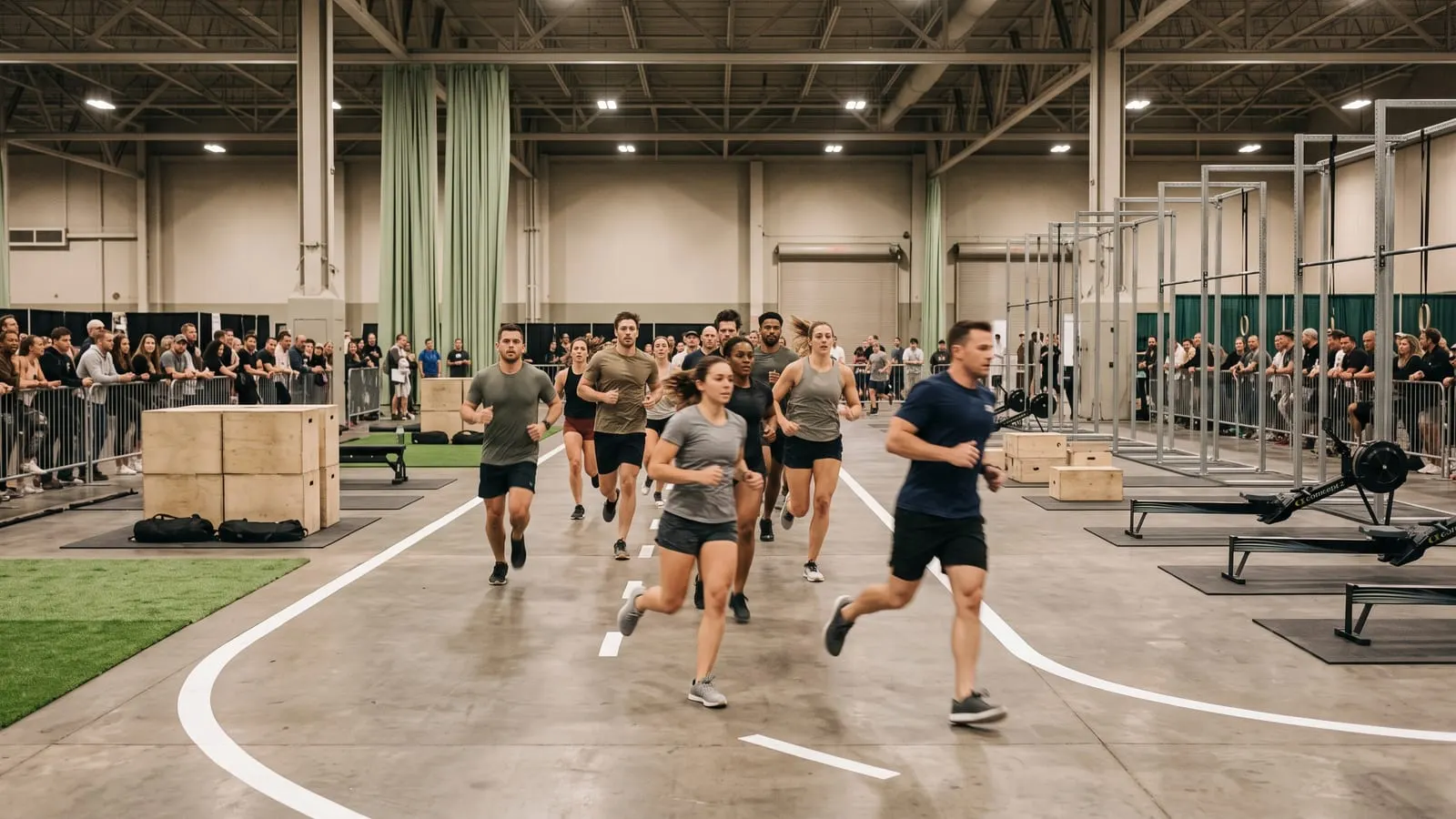 Athletes running between stations in a convention hall