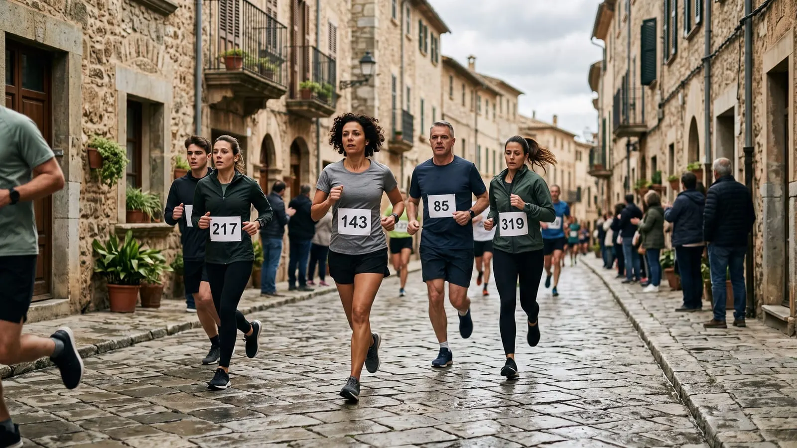 Marathon runners on a cobbled old-town street
