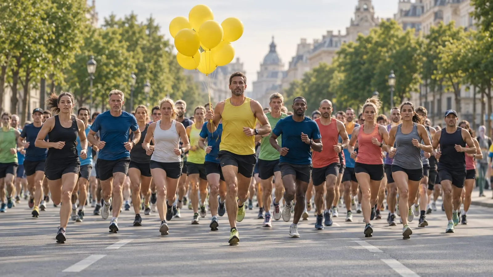 Pack of marathon runners following a pacer