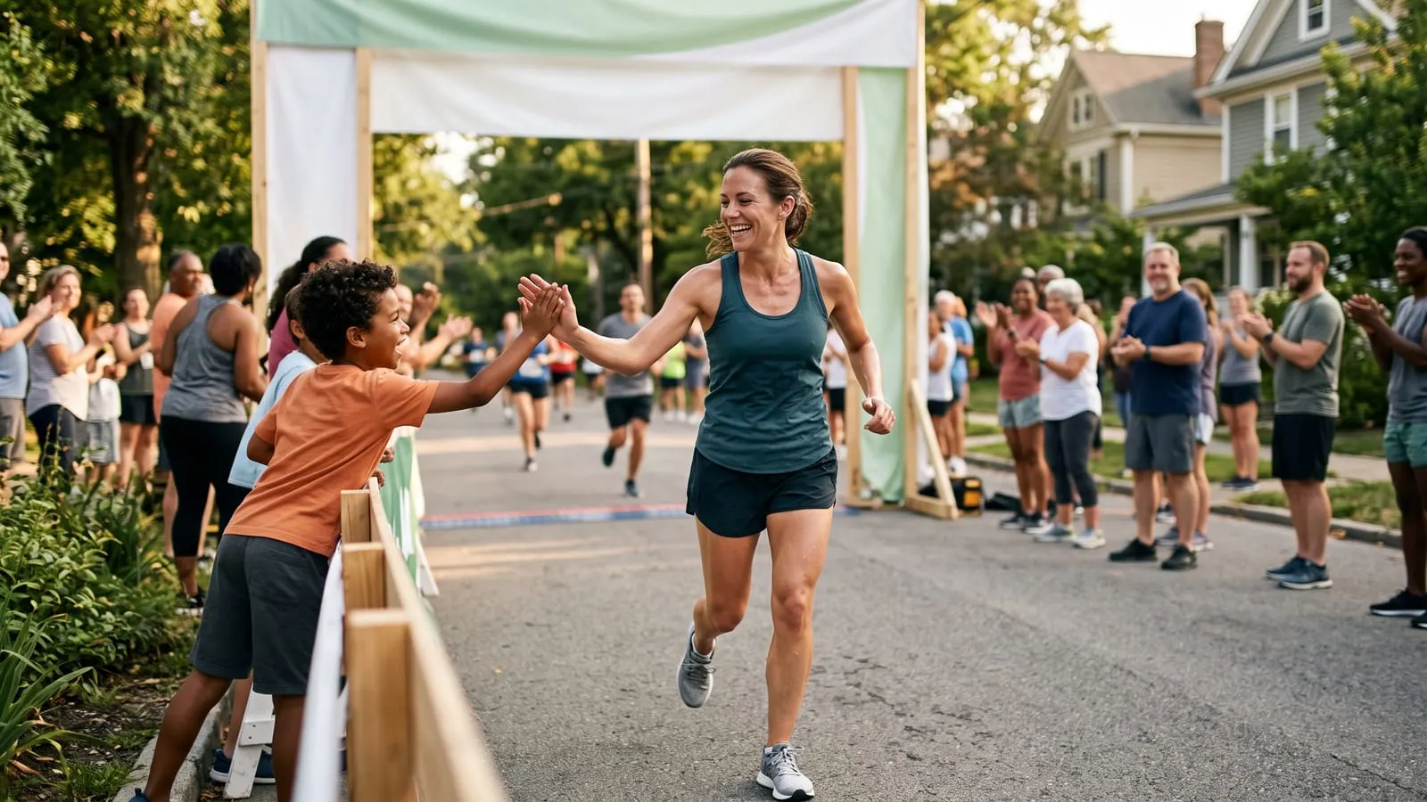 Runner high-fiving a spectator near a road race finish