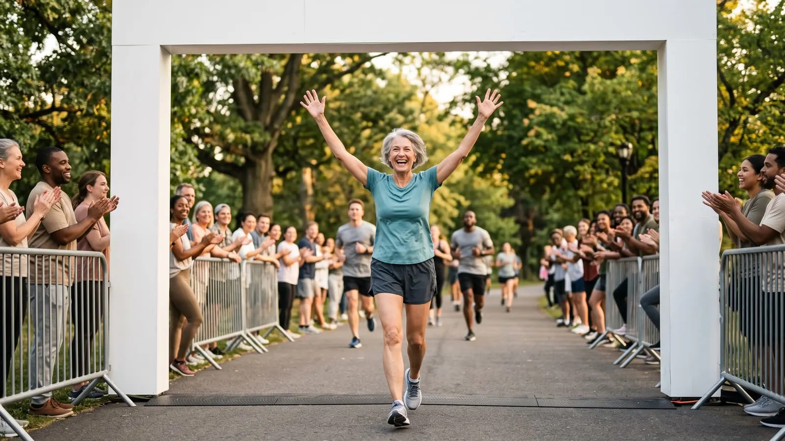 Older woman crossing a 5K finish line with arms raised