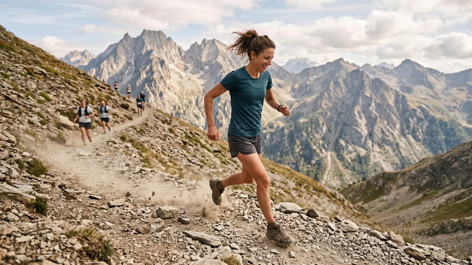 Woman descending a scree slope in an alpine trail race