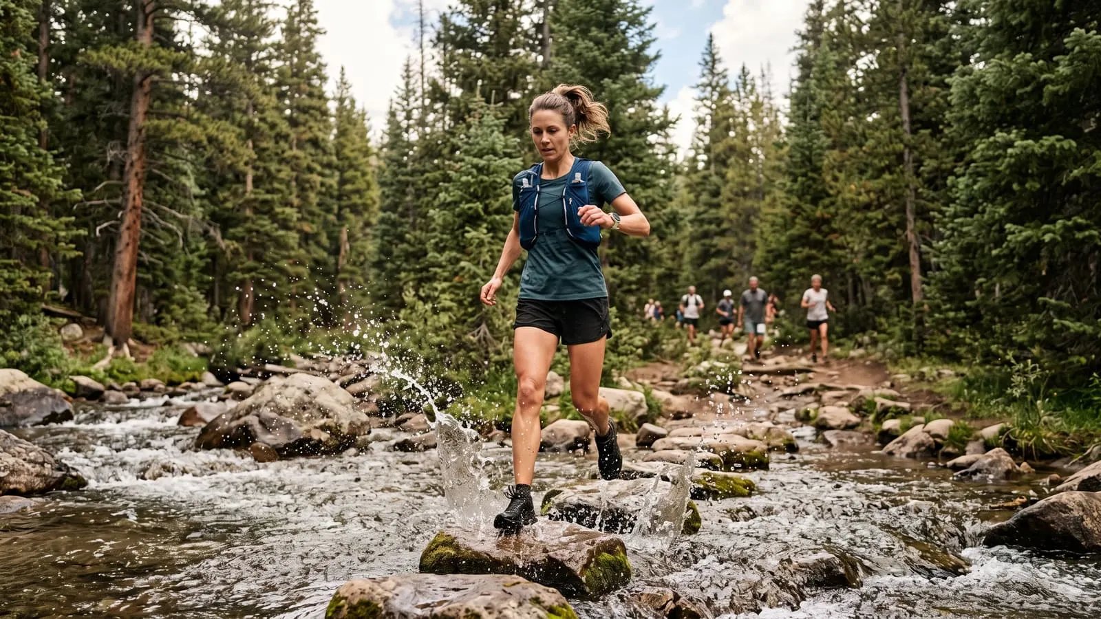 Trail runner crossing a mountain stream