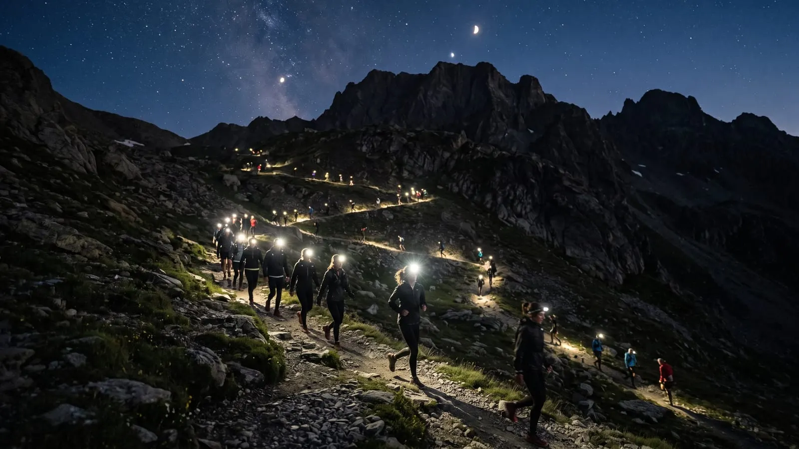 Headlamps on mountain switchbacks during a night trail race