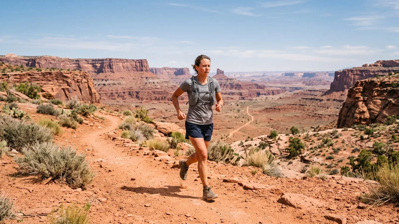 Runner on red sandstone singletrack in a desert race