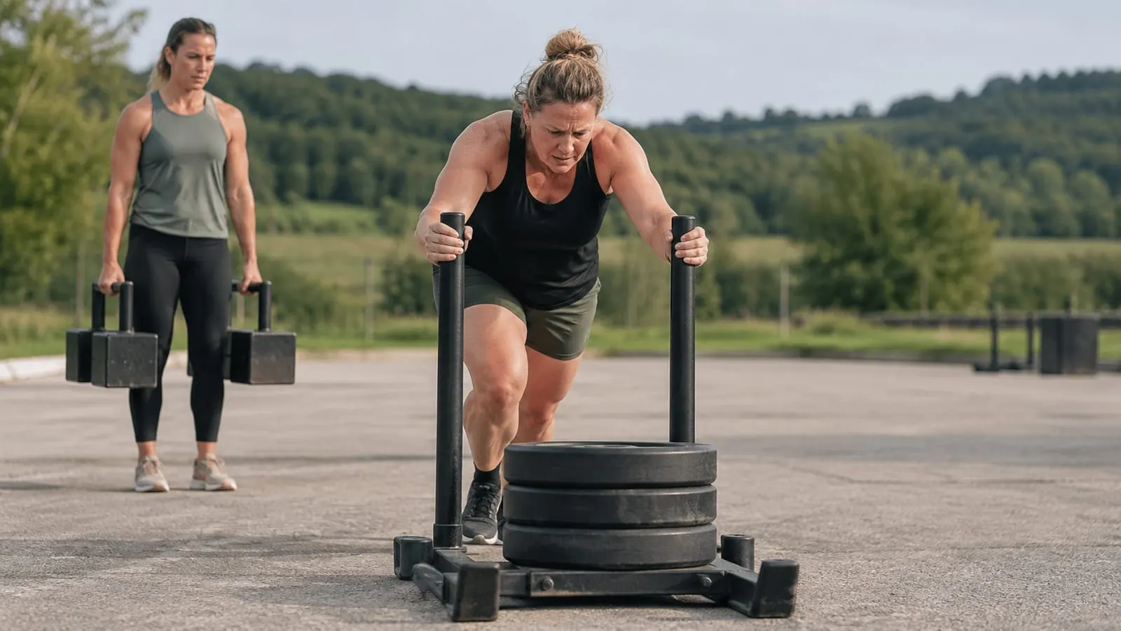 Woman pushing a heavy sled while a partner waits with carry handles