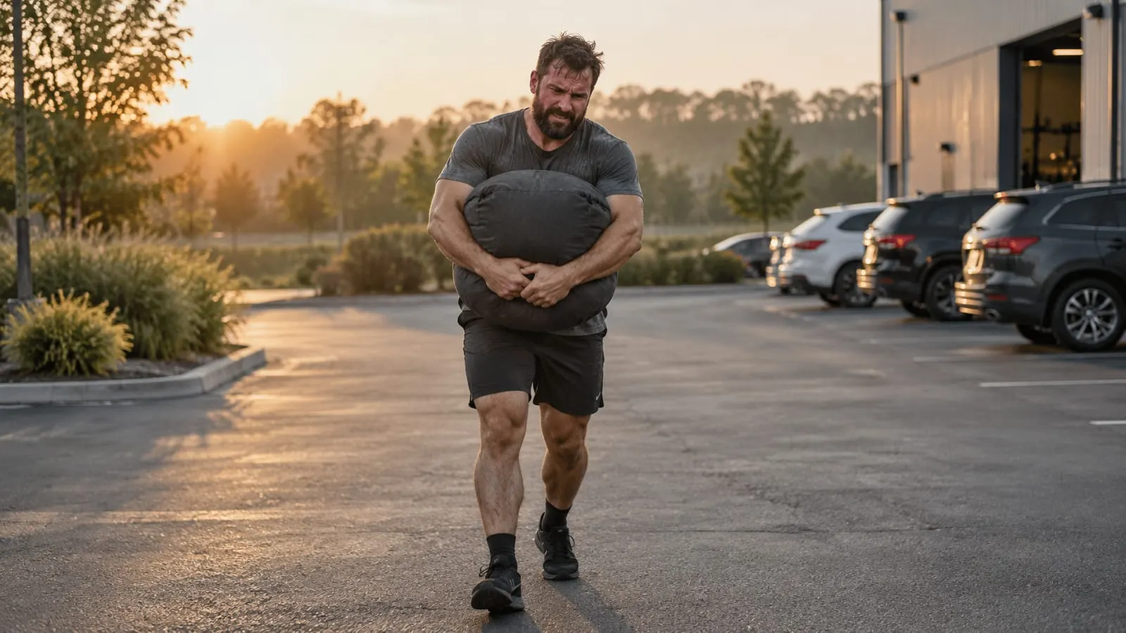 Man carrying a sandbag in a bear hug at dawn