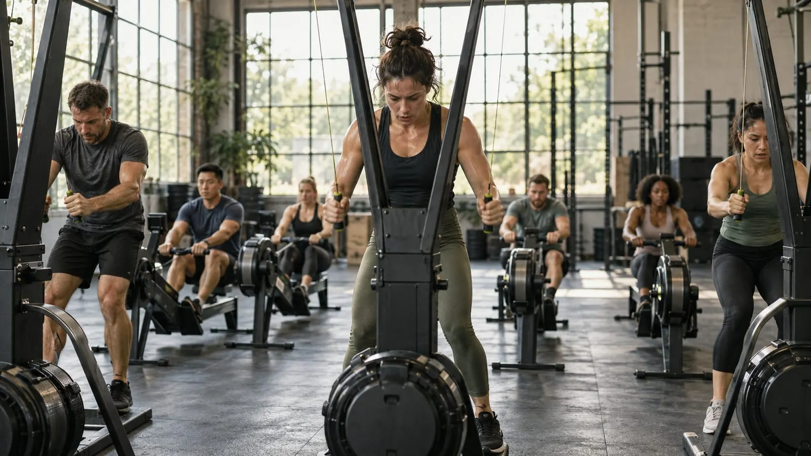 Group class on ski ergs and rowers