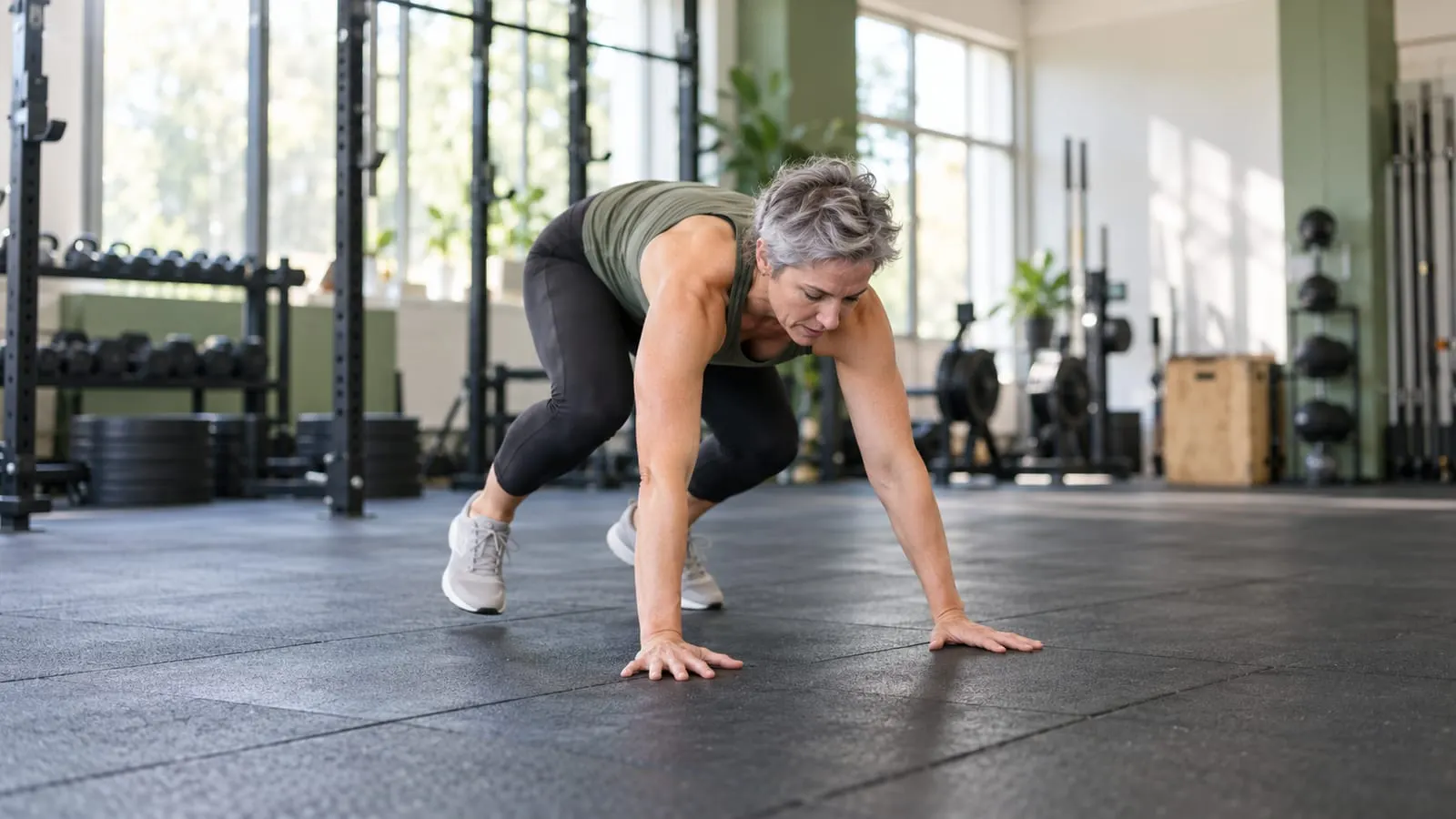 Woman landing a broad jump and dropping into a burpee