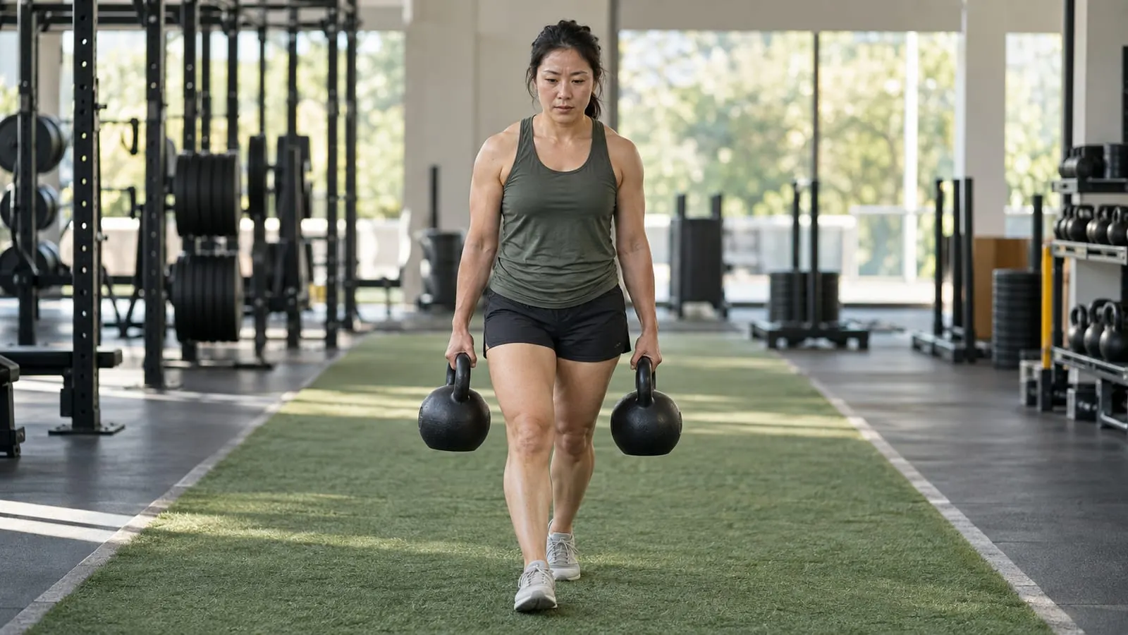 Woman doing a farmers carry with two kettlebells