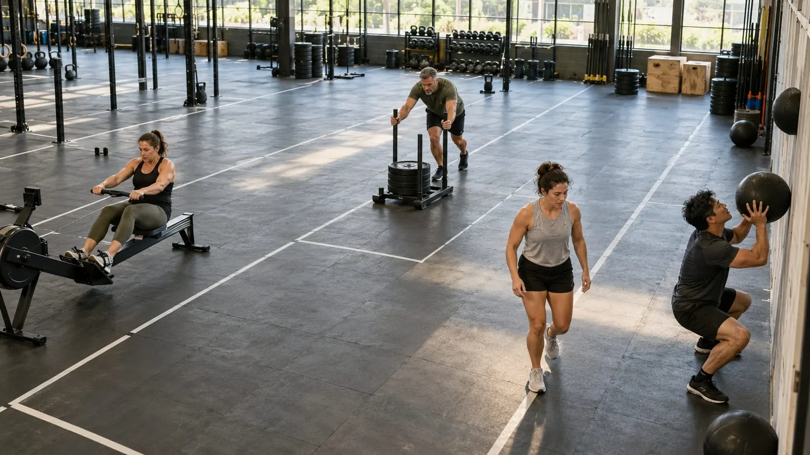 Athletes rotating through stations during a simulated race