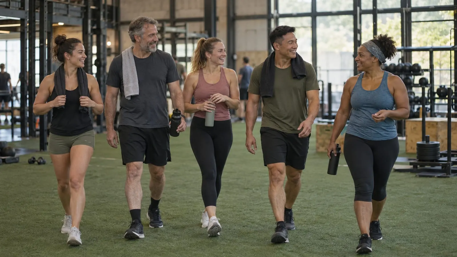 Group walking a cool-down lap after a circuit