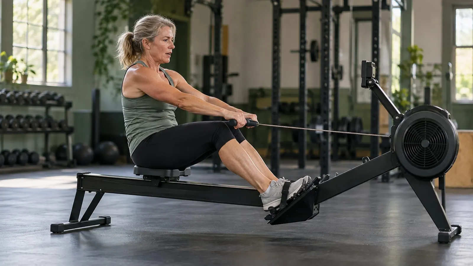 Woman rowing hard on an indoor rowing machine