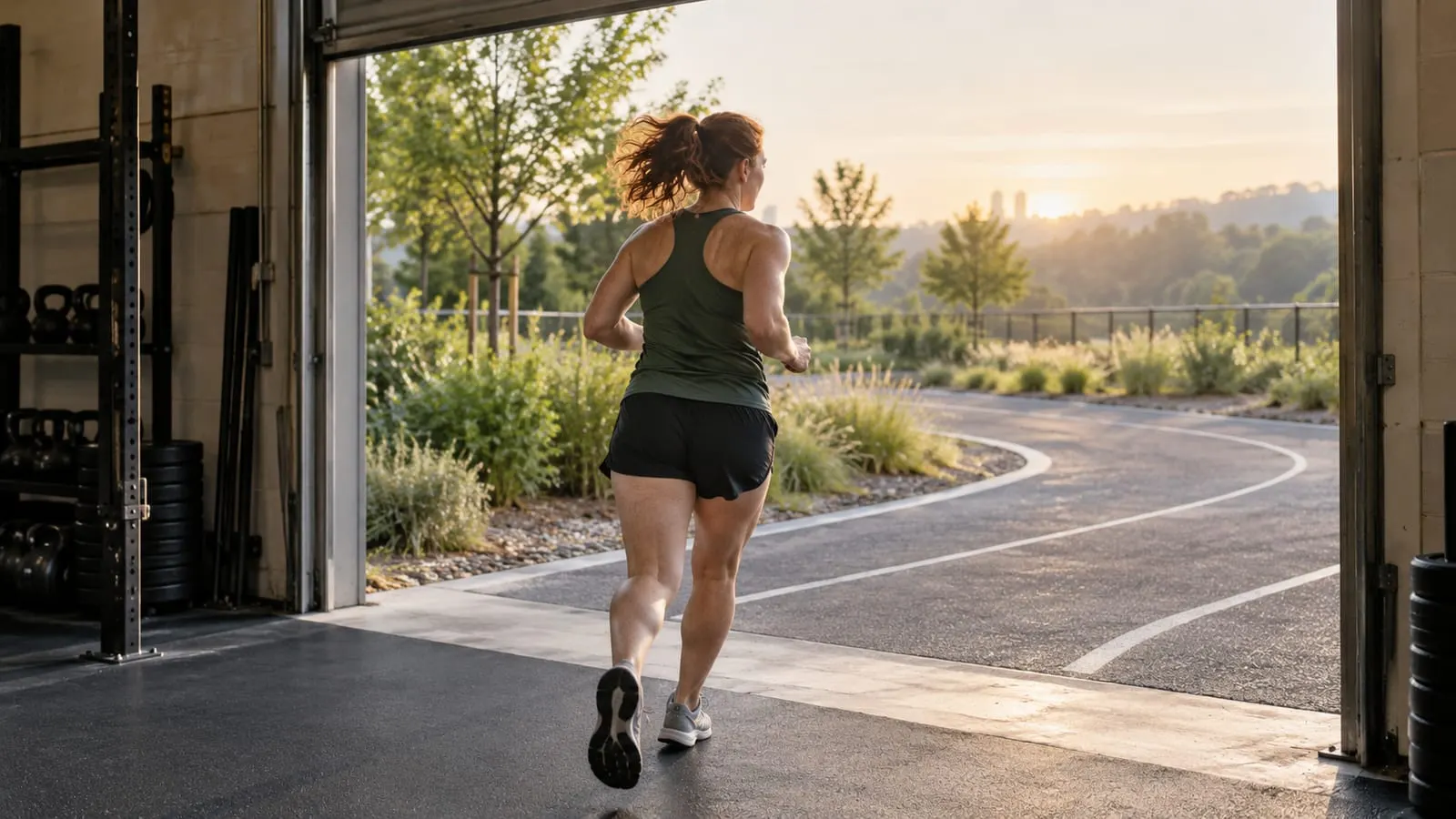 Athlete running out of a gym door onto an outdoor loop