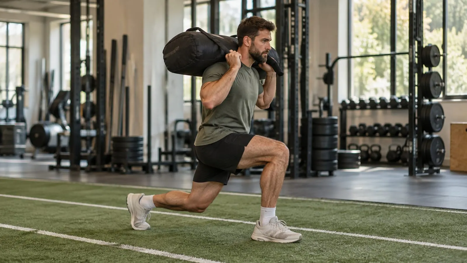 Man doing walking lunges with a sandbag