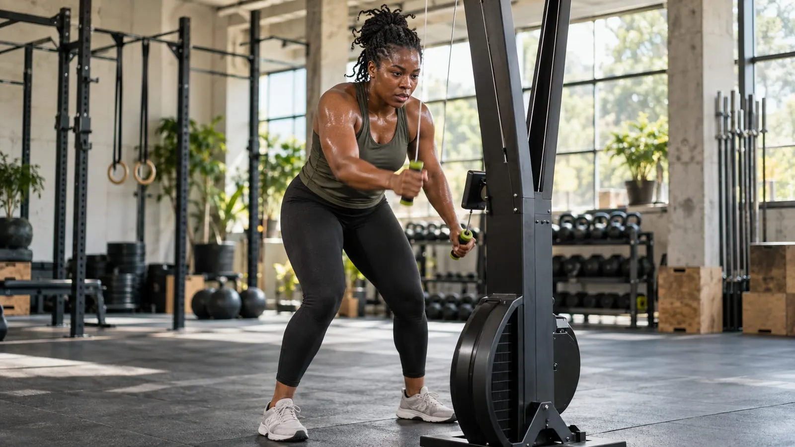 Woman training on a ski erg