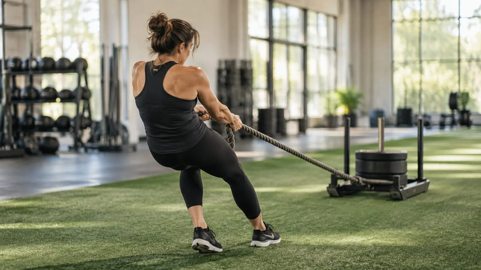 Athlete pulling a sled hand over hand with a rope
