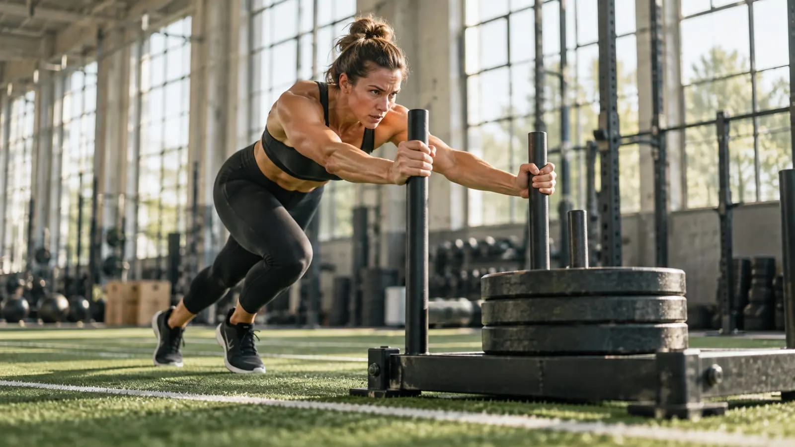 Woman pushing a weighted sled across gym turf