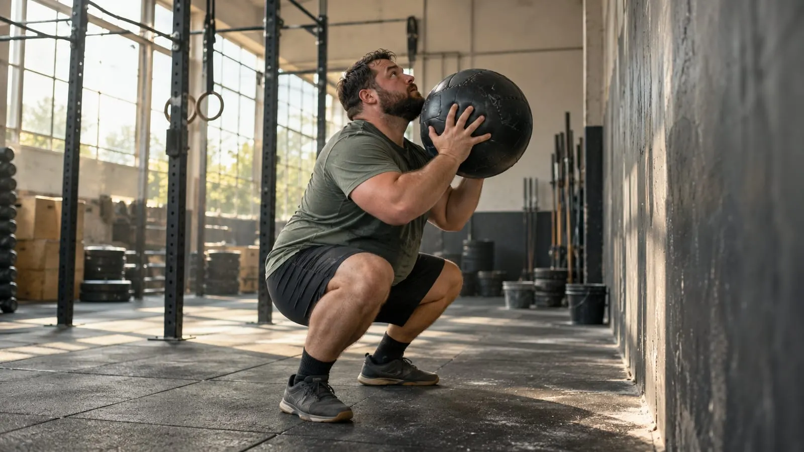 Man catching a wall ball into a squat