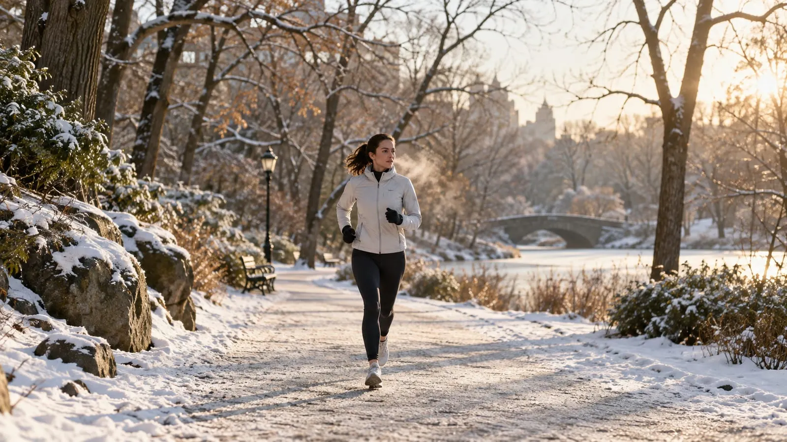 Runner in winter layers on a snowy park path