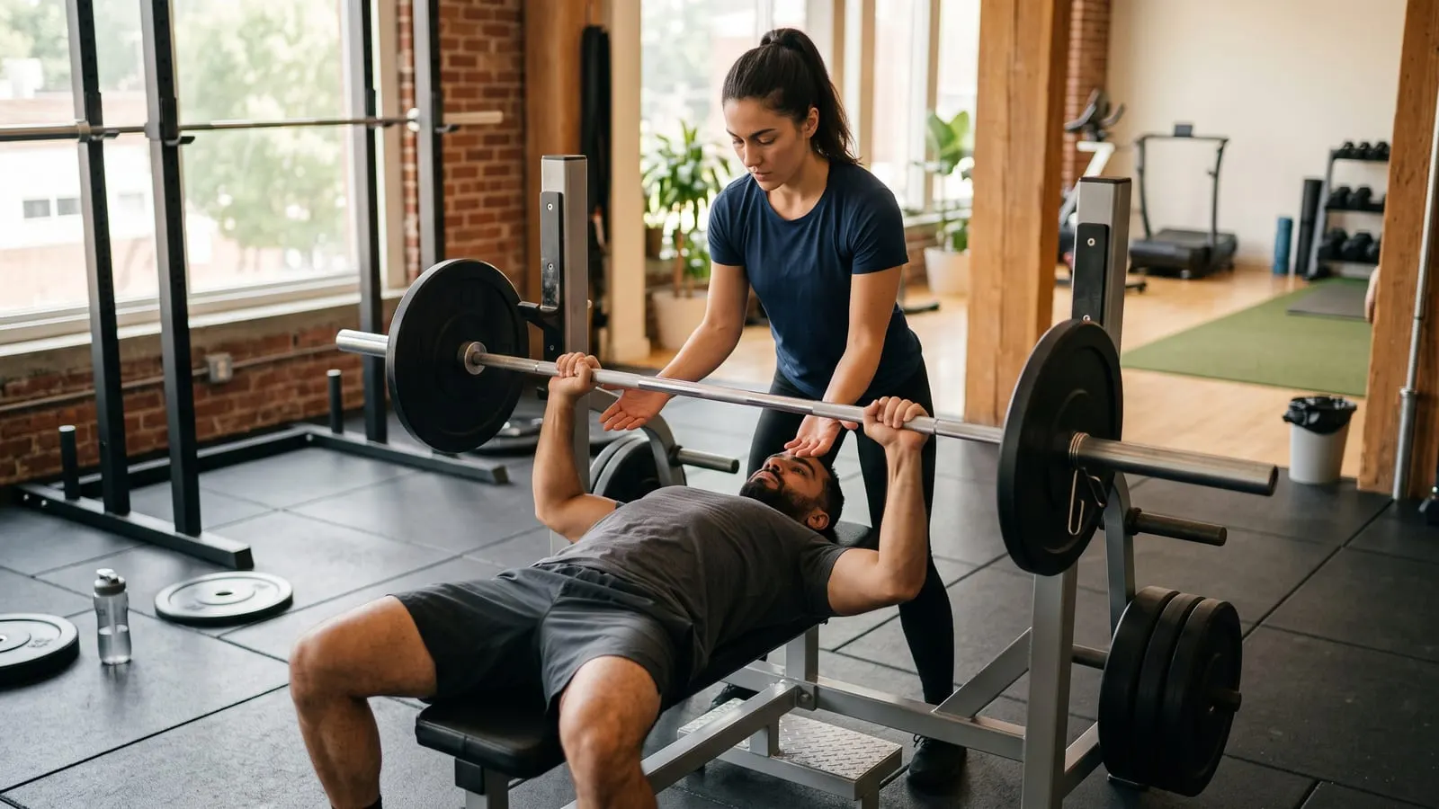 Training partner spotting a bench press